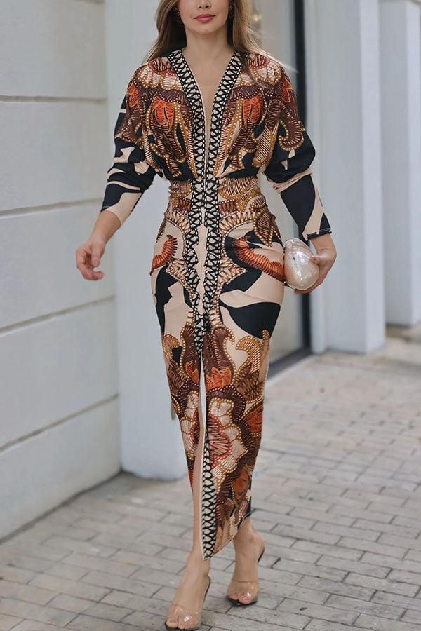 Elaina | Sun Escape Unique Print Dolman Midi Dress