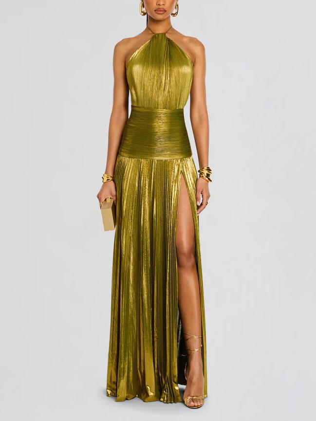 Kasey | Trendy Metallic Plissé Halter Gown