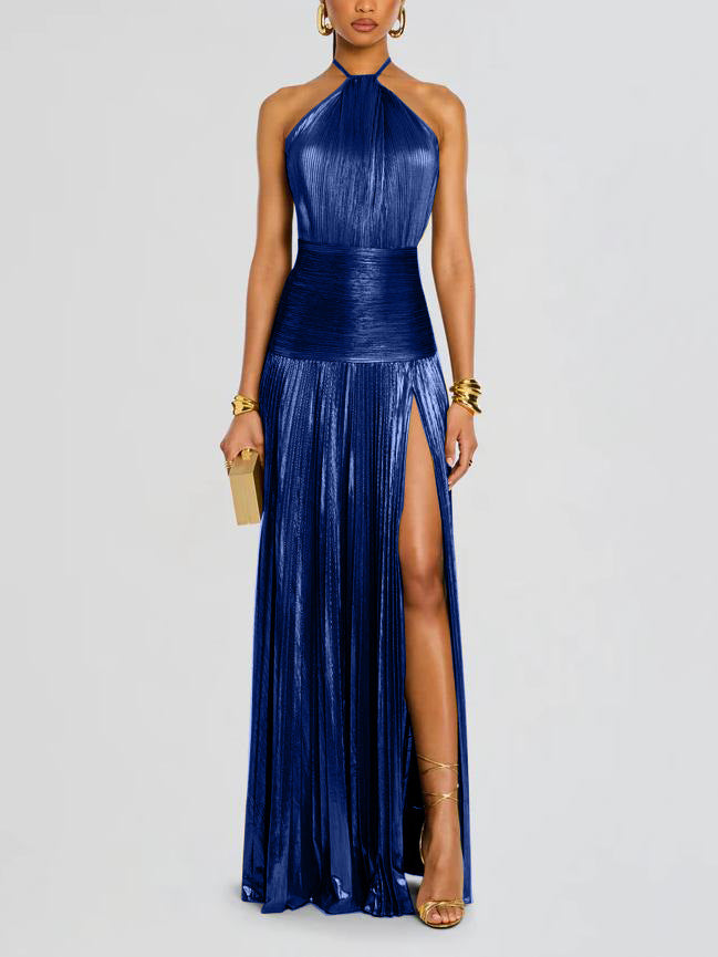 Kasey | Trendy Metallic Plissé Halter Gown