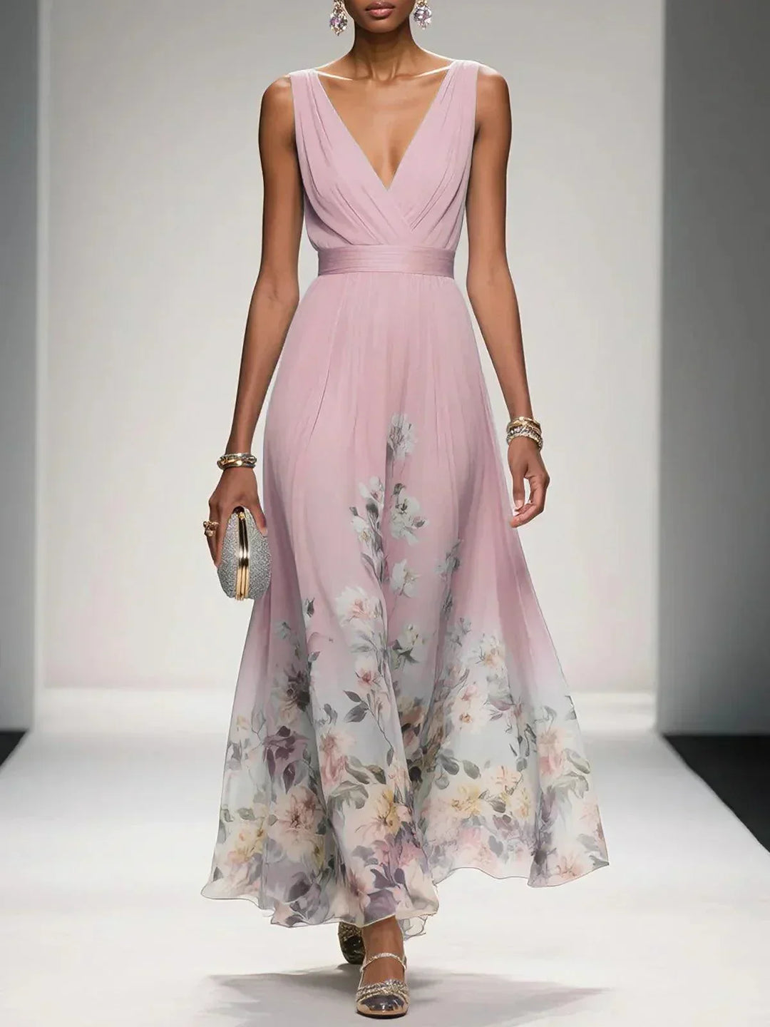 Alina | Light Blue Floral Chiffon V-Neck Maxi Dress