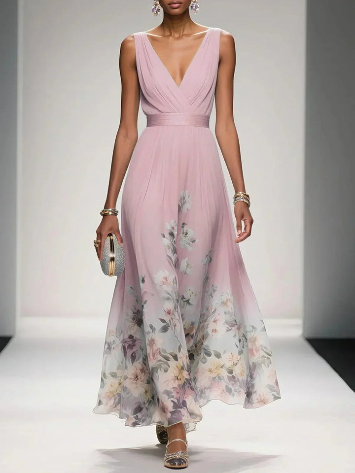 Alina | Light Blue Floral Chiffon V-Neck Maxi Dress