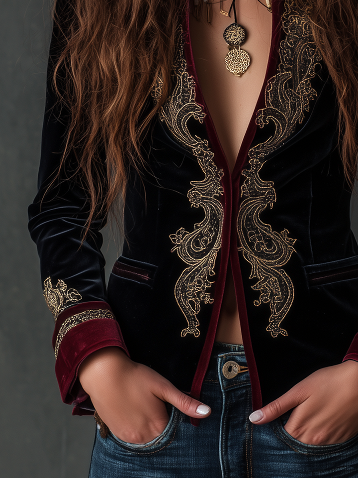 Kara – Baroque Embroidered Velvet-Look Blazer