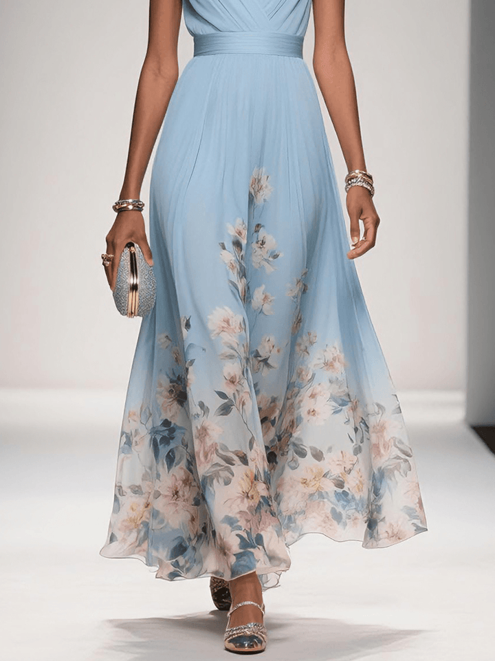 Alina | Light Blue Floral Chiffon V-Neck Maxi Dress