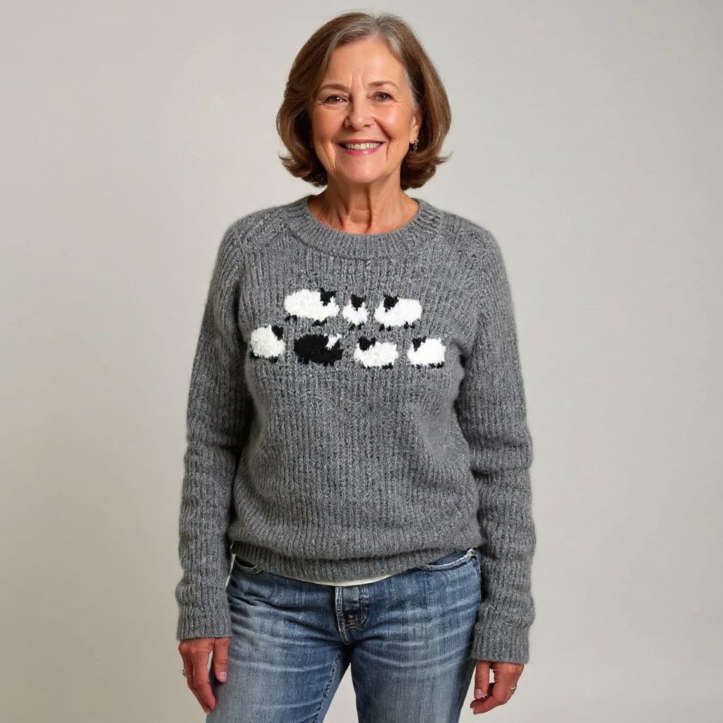Lynn – Fluffy Knit Sweater with Sheep Print