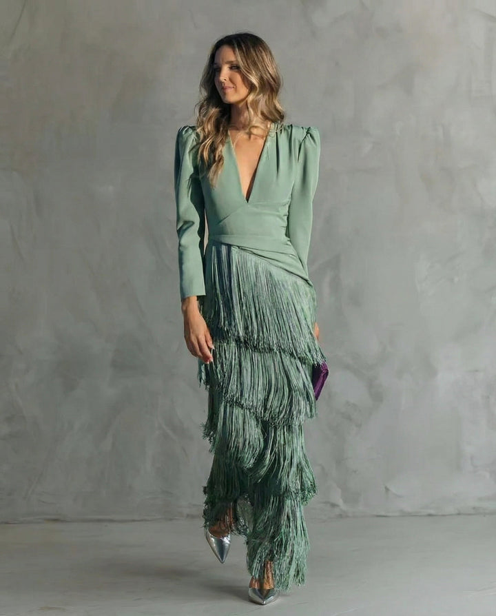 Adley | Elegant Midi Dress with Fringe Sleeves