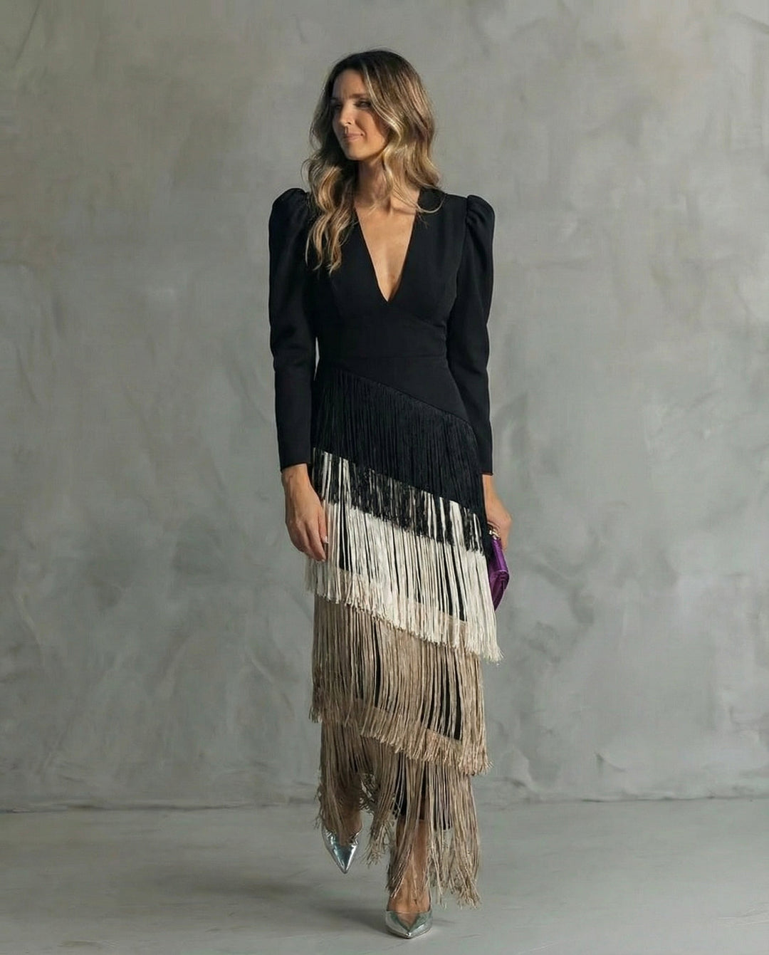 Adley | Elegant Midi Dress with Fringe Sleeves