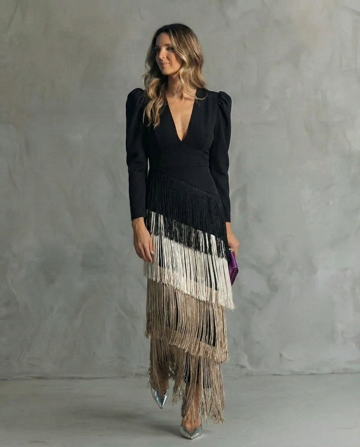 Adley | Elegant Midi Dress with Fringe Sleeves