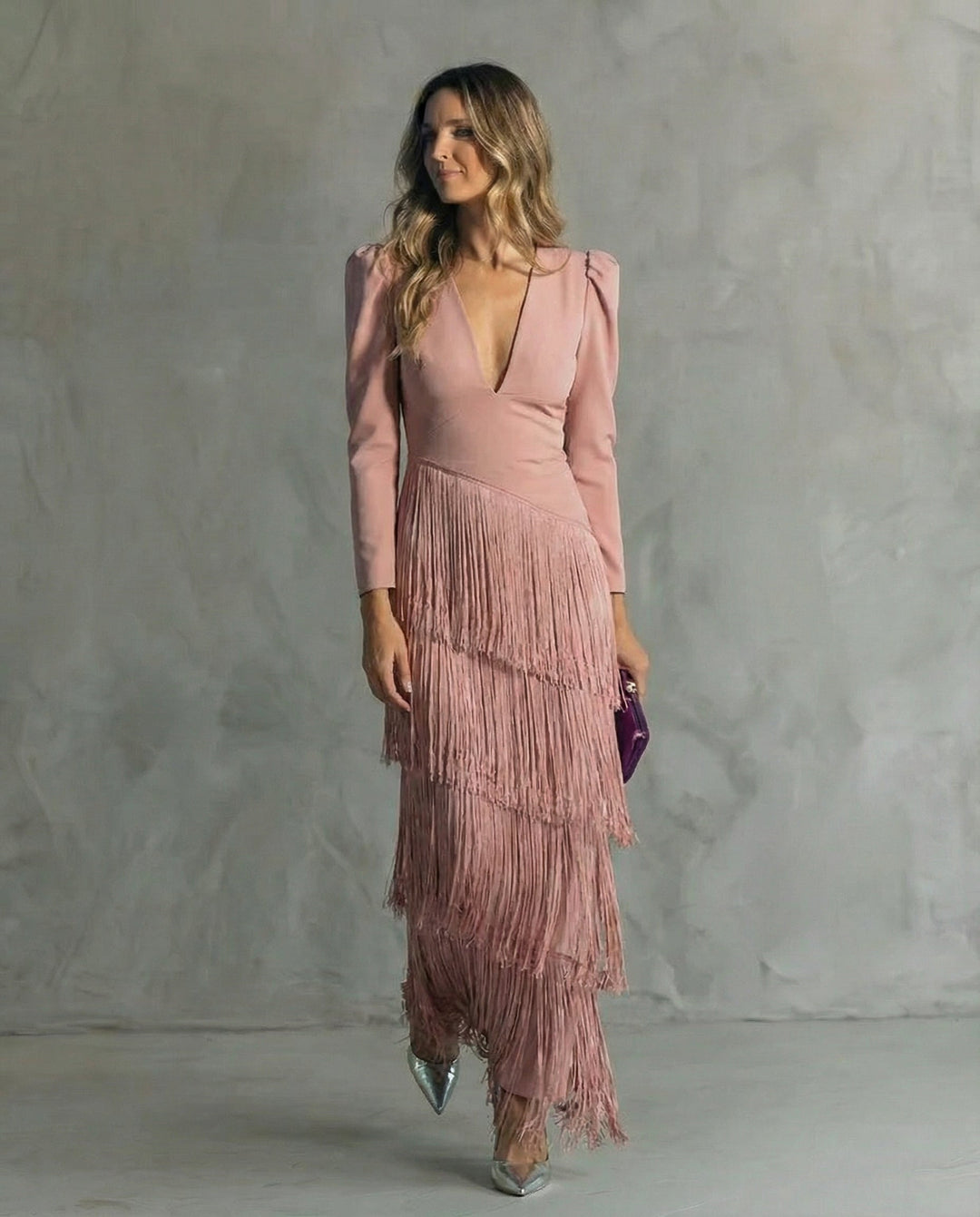 Adley | Elegant Midi Dress with Fringe Sleeves