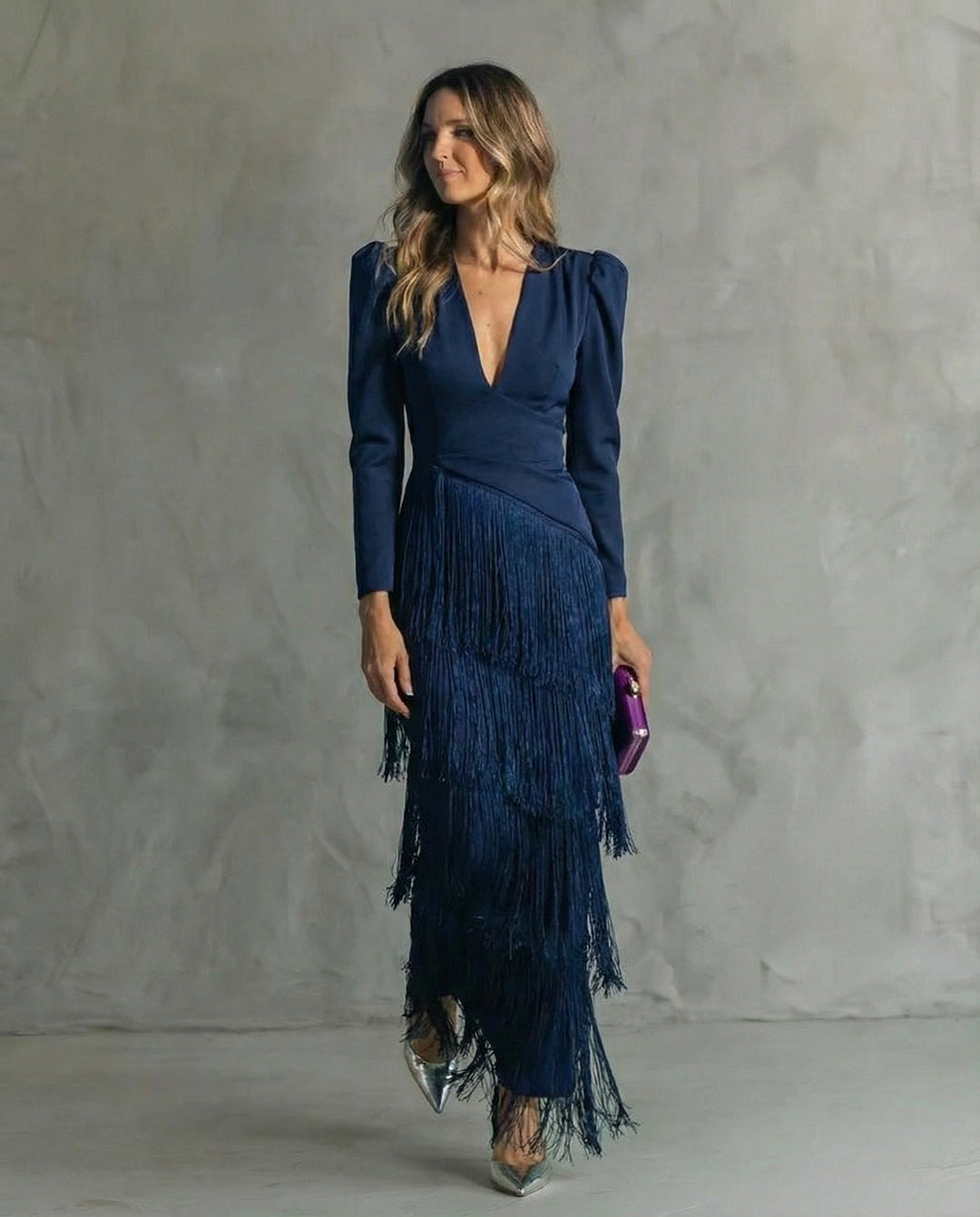 Adley | Elegant Midi Dress with Fringe Sleeves