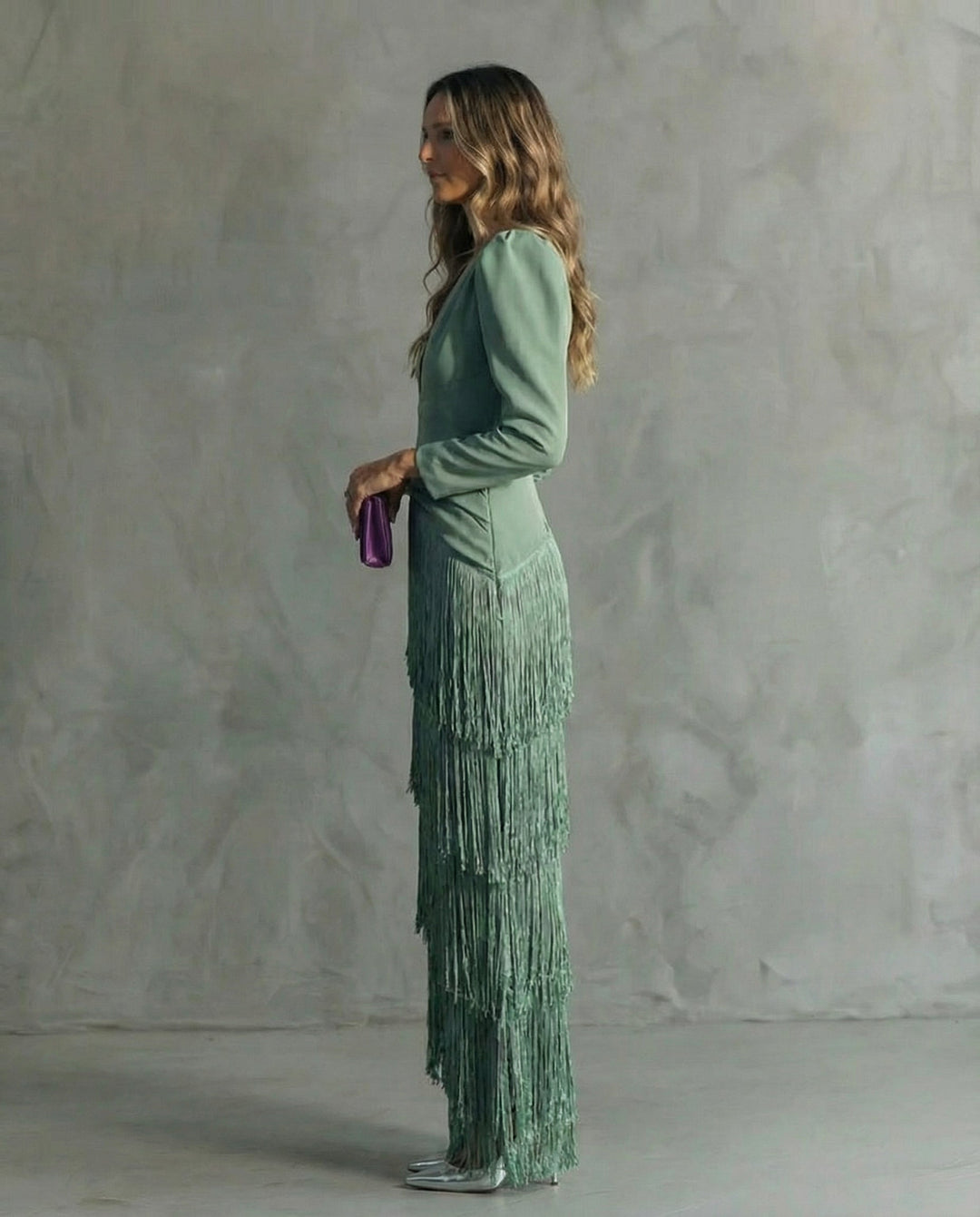Adley | Elegant Midi Dress with Fringe Sleeves