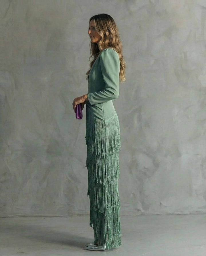 Adley | Elegant Midi Dress with Fringe Sleeves