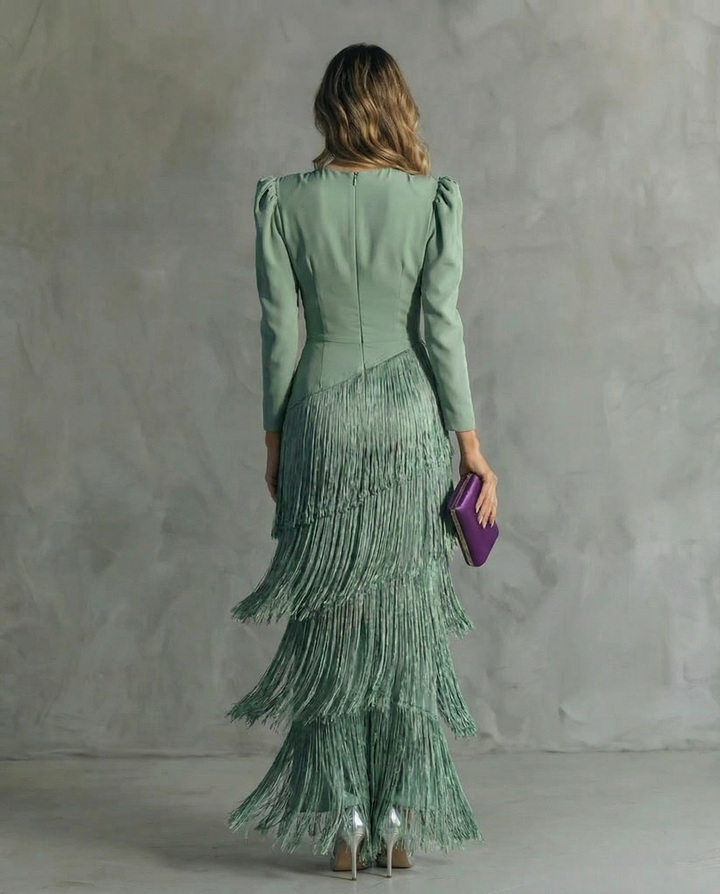 Adley | Elegant Midi Dress with Fringe Sleeves