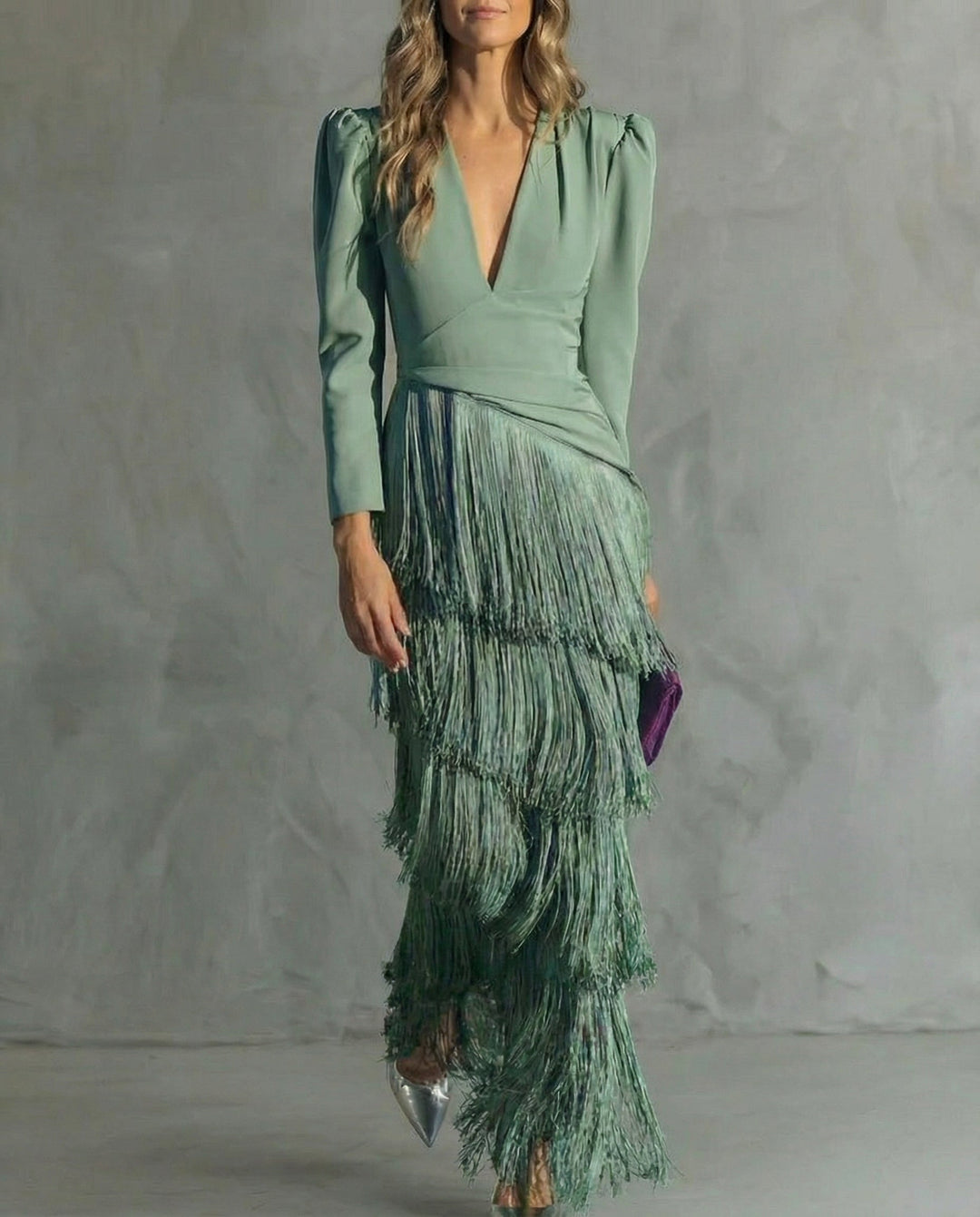 Adley | Elegant Midi Dress with Fringe Sleeves