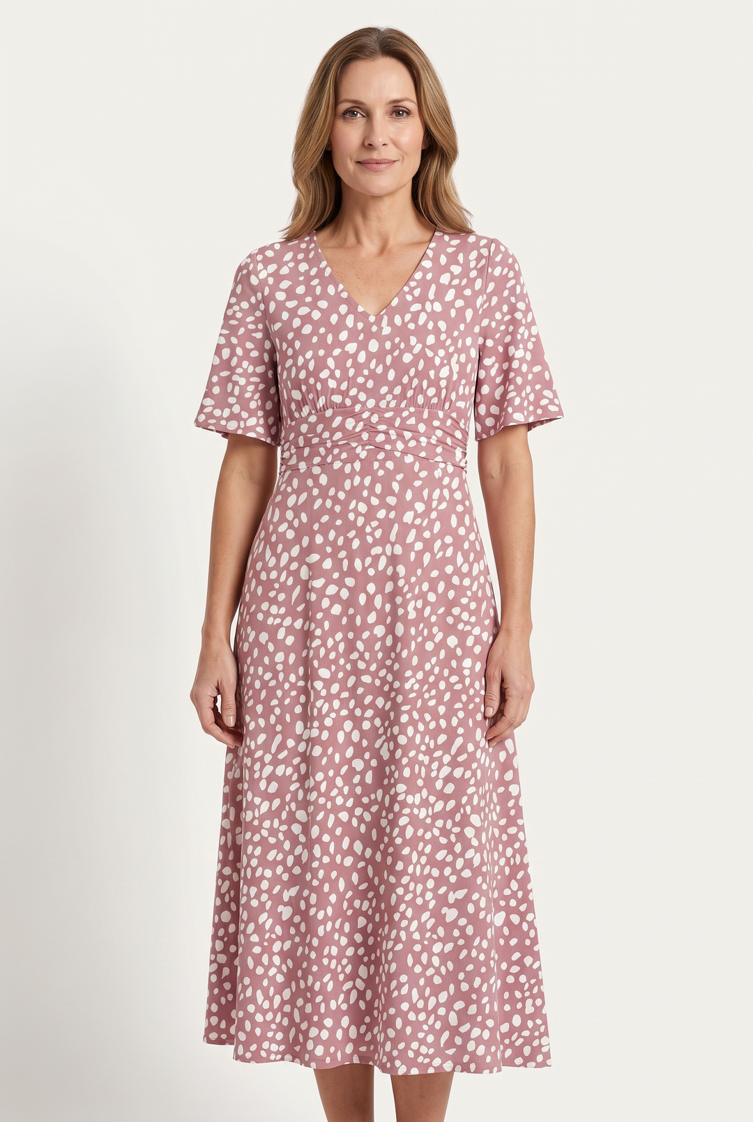 Judy – Spot Print Tummy-Covering Midi Dress