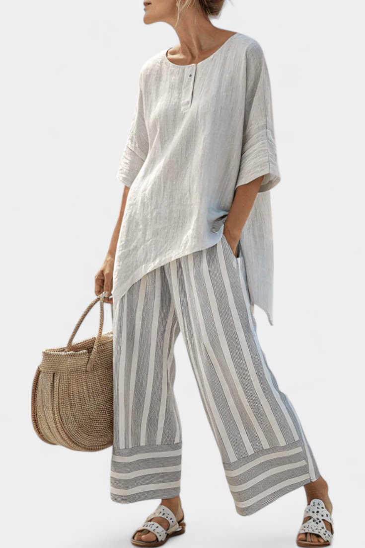 Griselda | Elegant Asymmetrical Blouse & Striped Pants