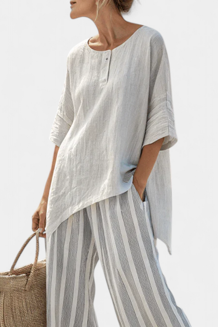 Griselda | Elegant Asymmetrical Blouse & Striped Pants