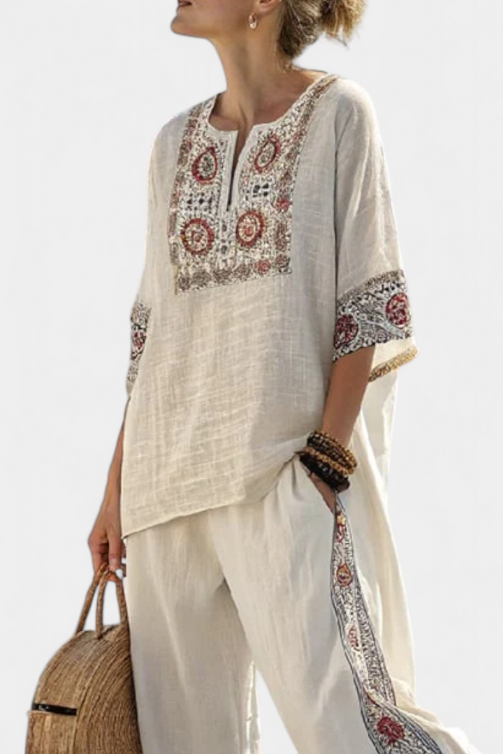 Emiliana | Sophisticated Embroidered Raw Blouse & Wide Pants