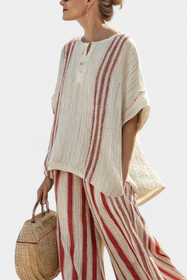 Tahlia | Sophisticated Textured Red-Stripe Top & Linen Pants