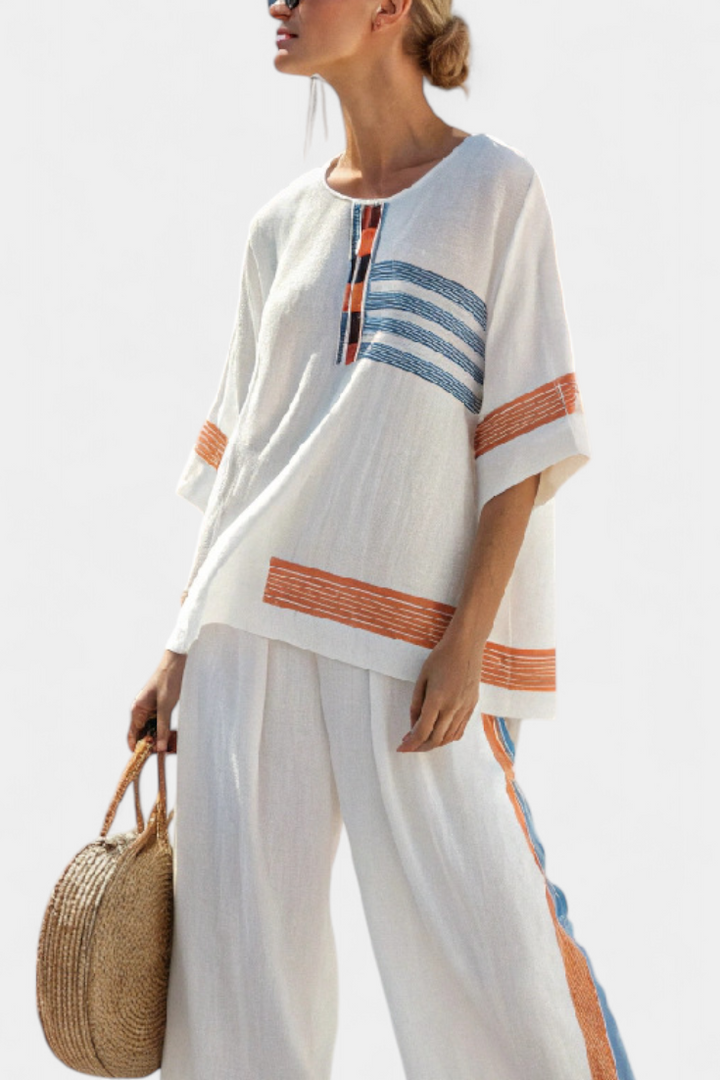 Aliyah | Sophisticated Blue-Orange Striped Top & Pants