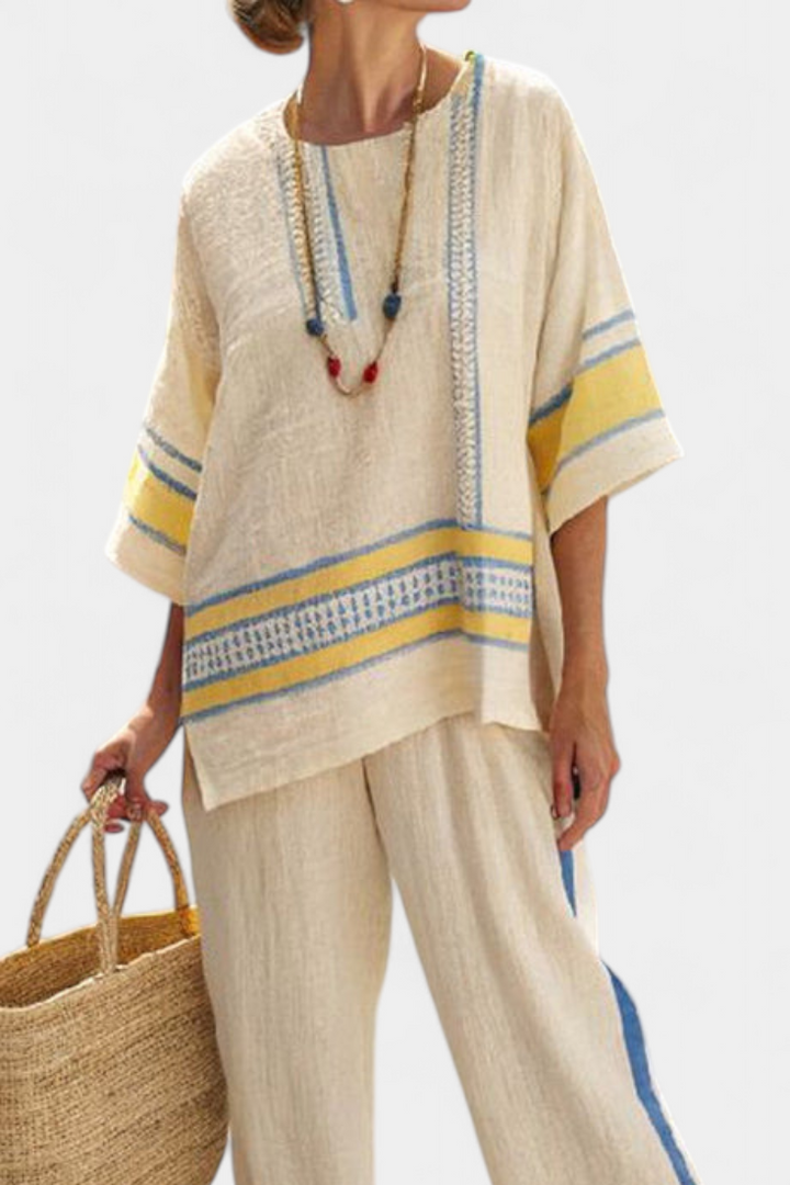 Paisleigh | Comfortable Blue-Yellow Mediterranean Top & Linen Pants