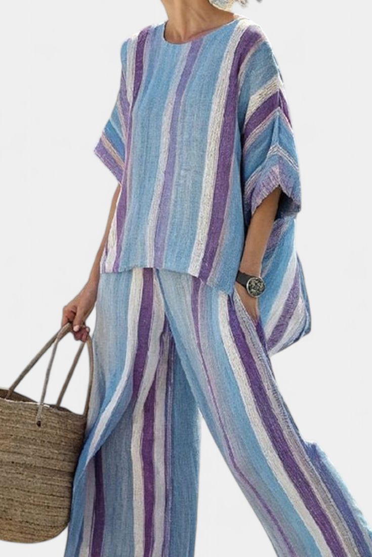 Neely | Elegant Mauve Pastel Top & Striped Linen Pants