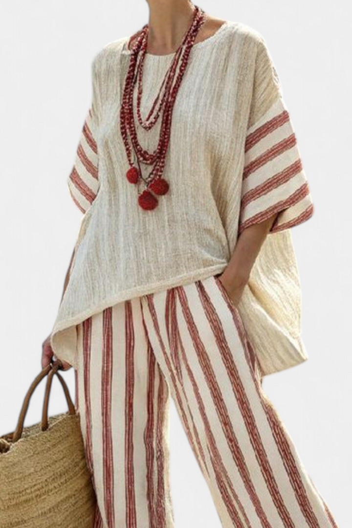 Mercy | Elegant Rustic Striped Top & Cream Linen Pants