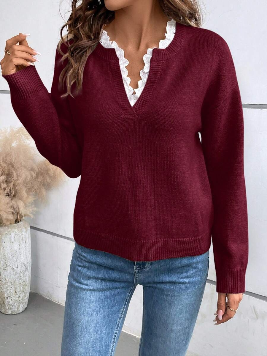 Merle – Lace Trim V-Neck Knit Sweater