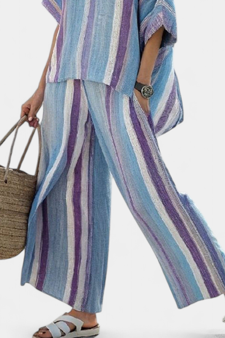 Neely | Elegant Mauve Pastel Top & Striped Linen Pants