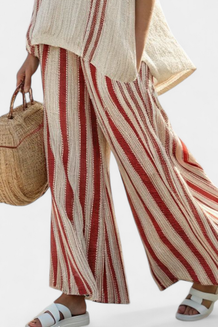 Tahlia | Sophisticated Textured Red-Stripe Top & Linen Pants