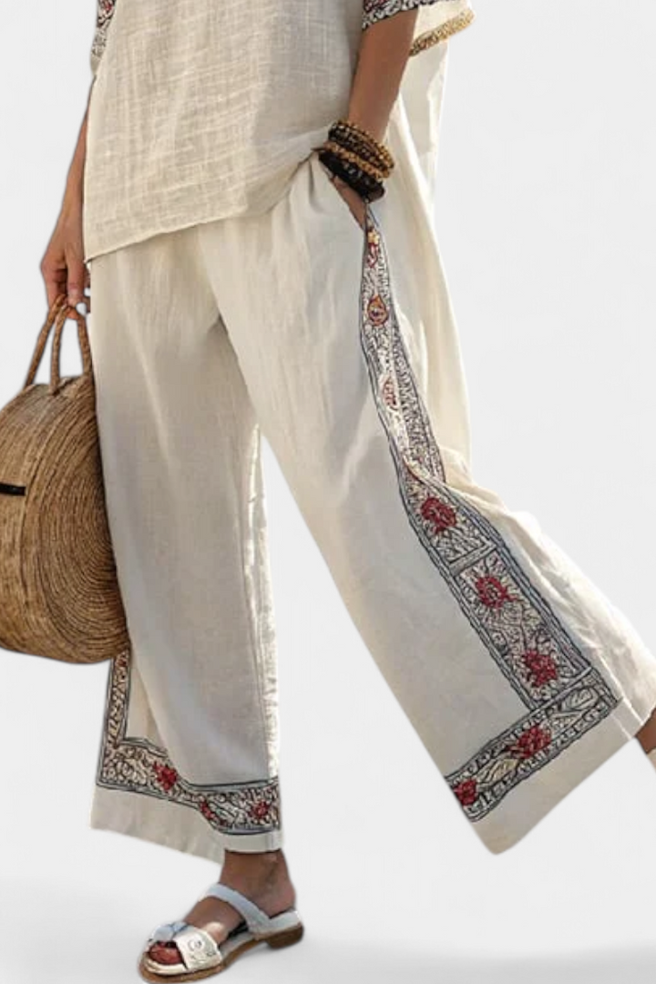 Emiliana | Sophisticated Embroidered Raw Blouse & Wide Pants