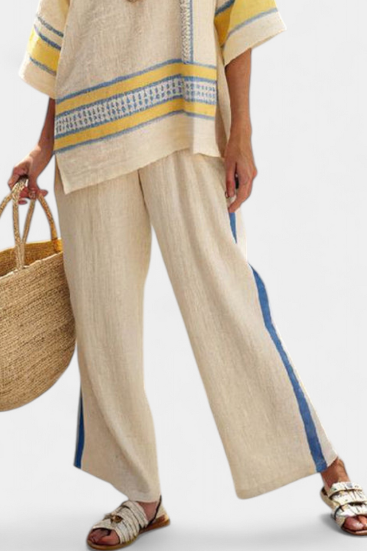 Paisleigh | Comfortable Blue-Yellow Mediterranean Top & Linen Pants