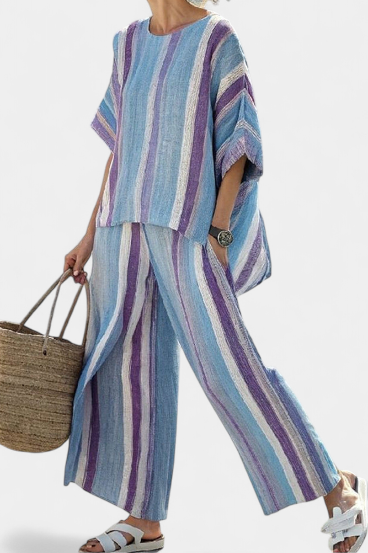 Neely | Elegant Mauve Pastel Top & Striped Linen Pants