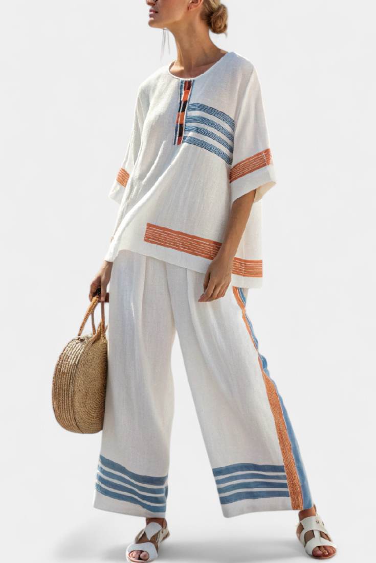 Aliyah | Sophisticated Blue-Orange Striped Top & Pants