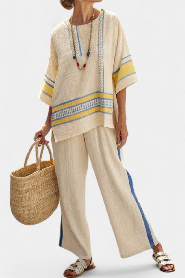 Paisleigh | Comfortable Blue-Yellow Mediterranean Top & Linen Pants