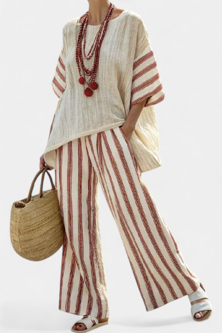 Mercy | Elegant Rustic Striped Top & Cream Linen Pants