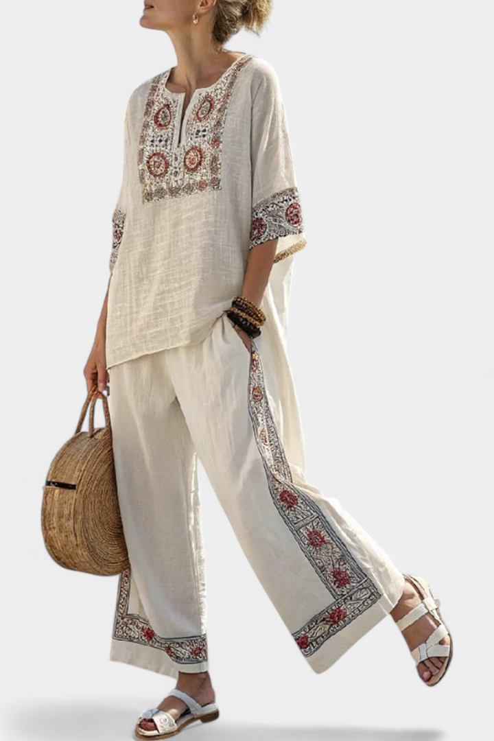 Emiliana | Sophisticated Embroidered Raw Blouse & Wide Pants