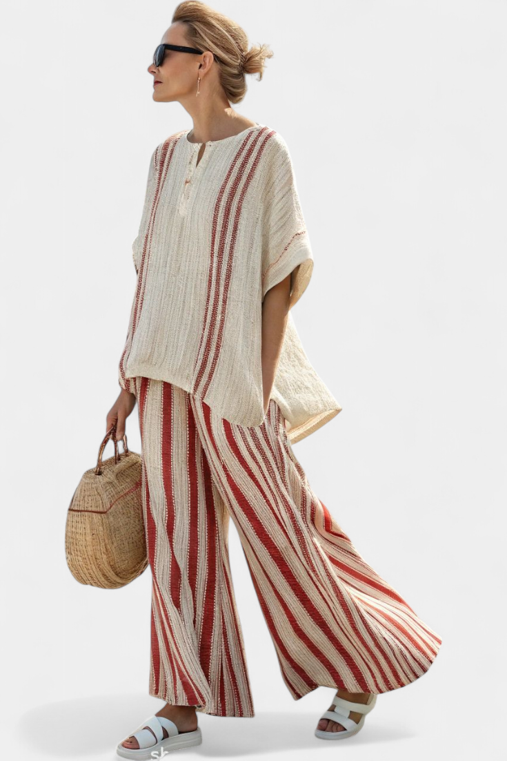 Tahlia | Sophisticated Textured Red-Stripe Top & Linen Pants