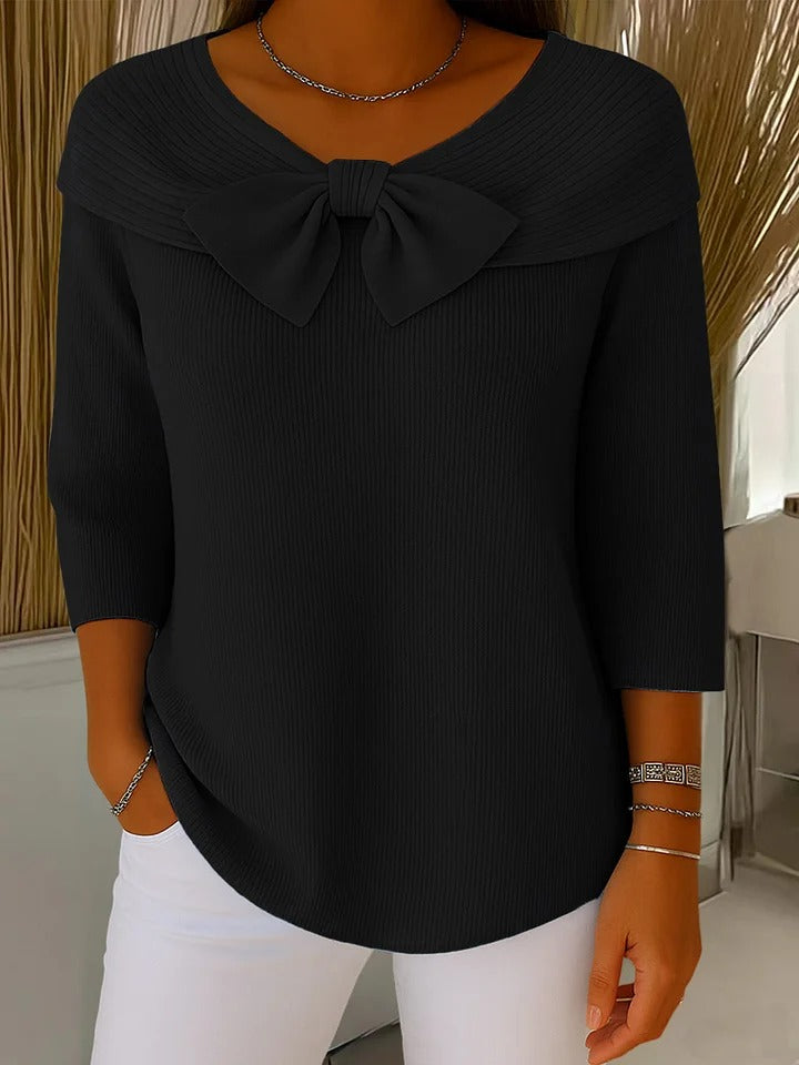 Patricia – Fitted Ribbed Knit Top with Bow Detail