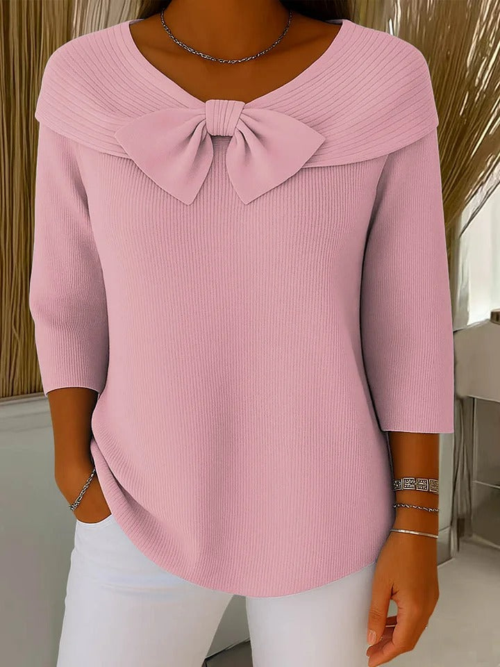 Patricia – Fitted Ribbed Knit Top with Bow Detail