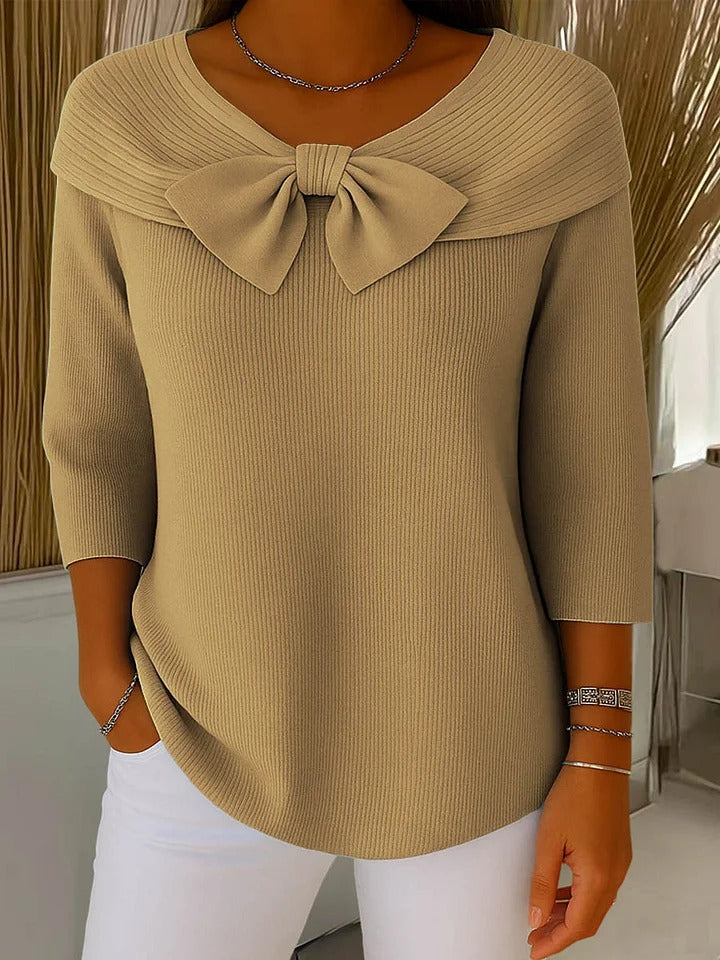 Patricia – Fitted Ribbed Knit Top with Bow Detail