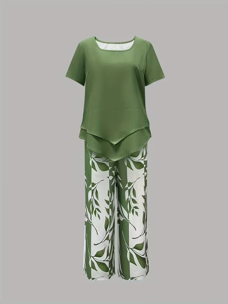 Christen | Casual Leaf Print Two-Piece Set