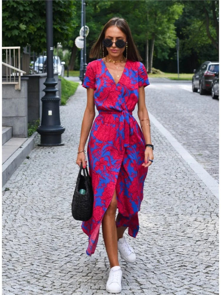 Miriam | Sunset Stroll V-Neck Slit Print Dress
