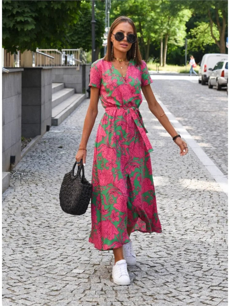 Miriam | Sunset Stroll V-Neck Slit Print Dress