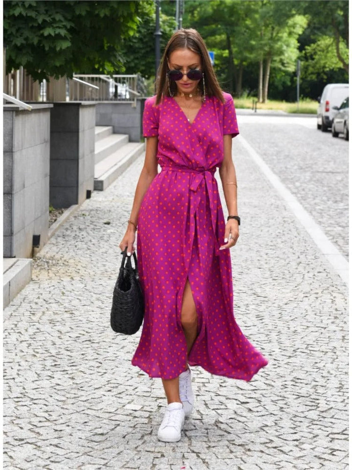 Miriam | Sunset Stroll V-Neck Slit Print Dress