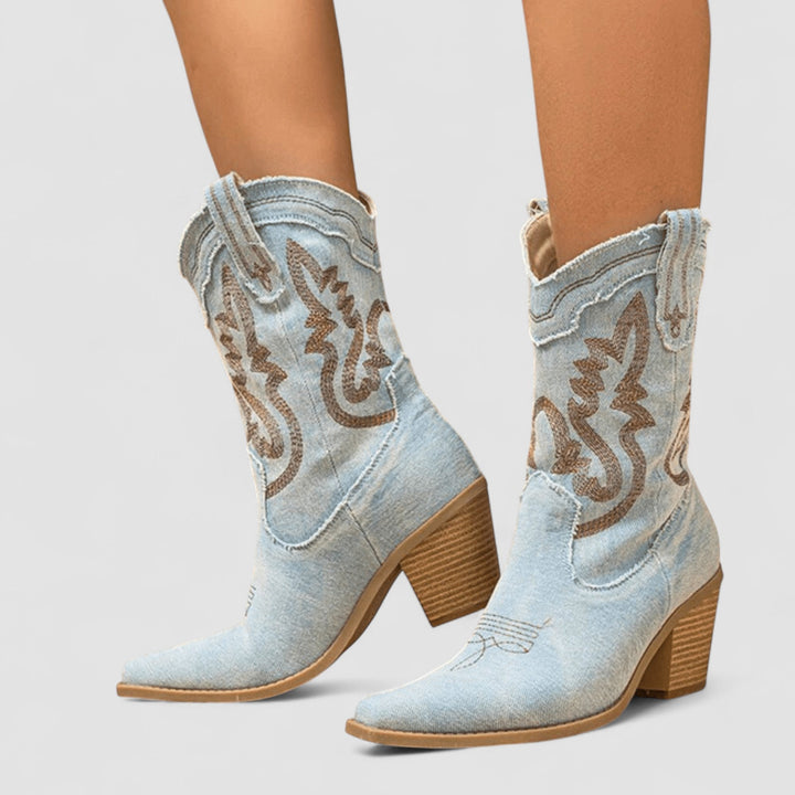 Madeline – Embroidered Denim Western Cowboy Boots