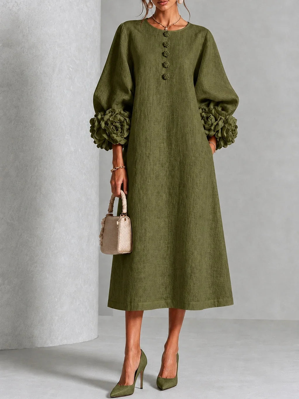 Mary – Midi Dress With Sculptural Floral Cuffs