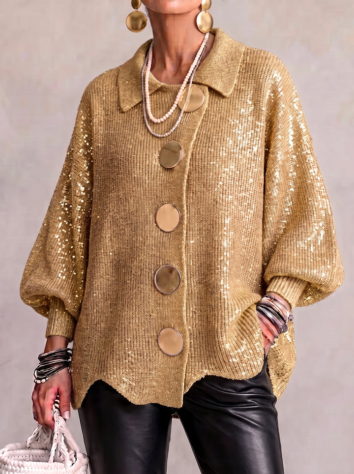 Noreen – Oversized Collared Cardigan with Gold Buttons