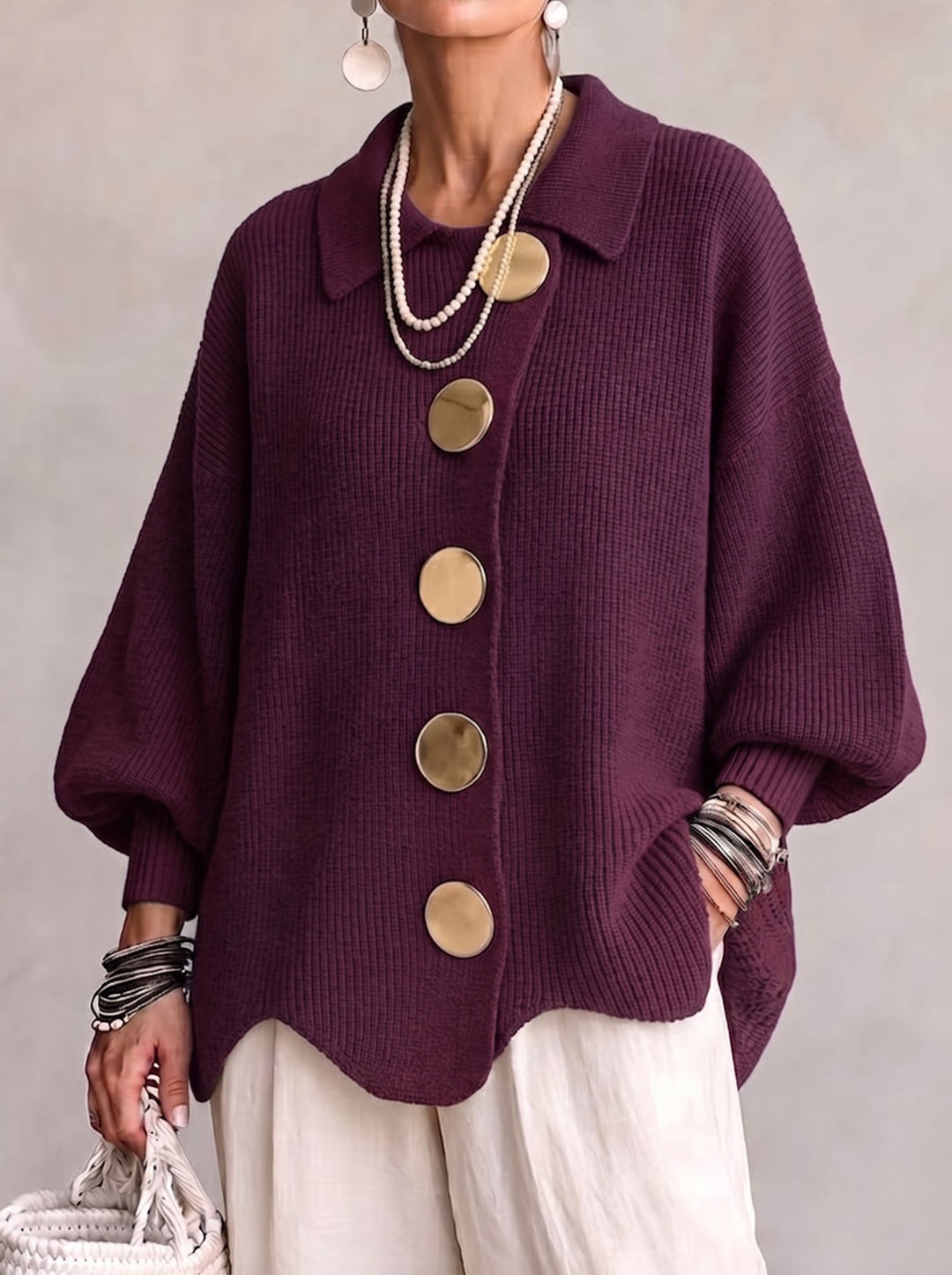 Noreen – Oversized Collared Cardigan with Gold Buttons