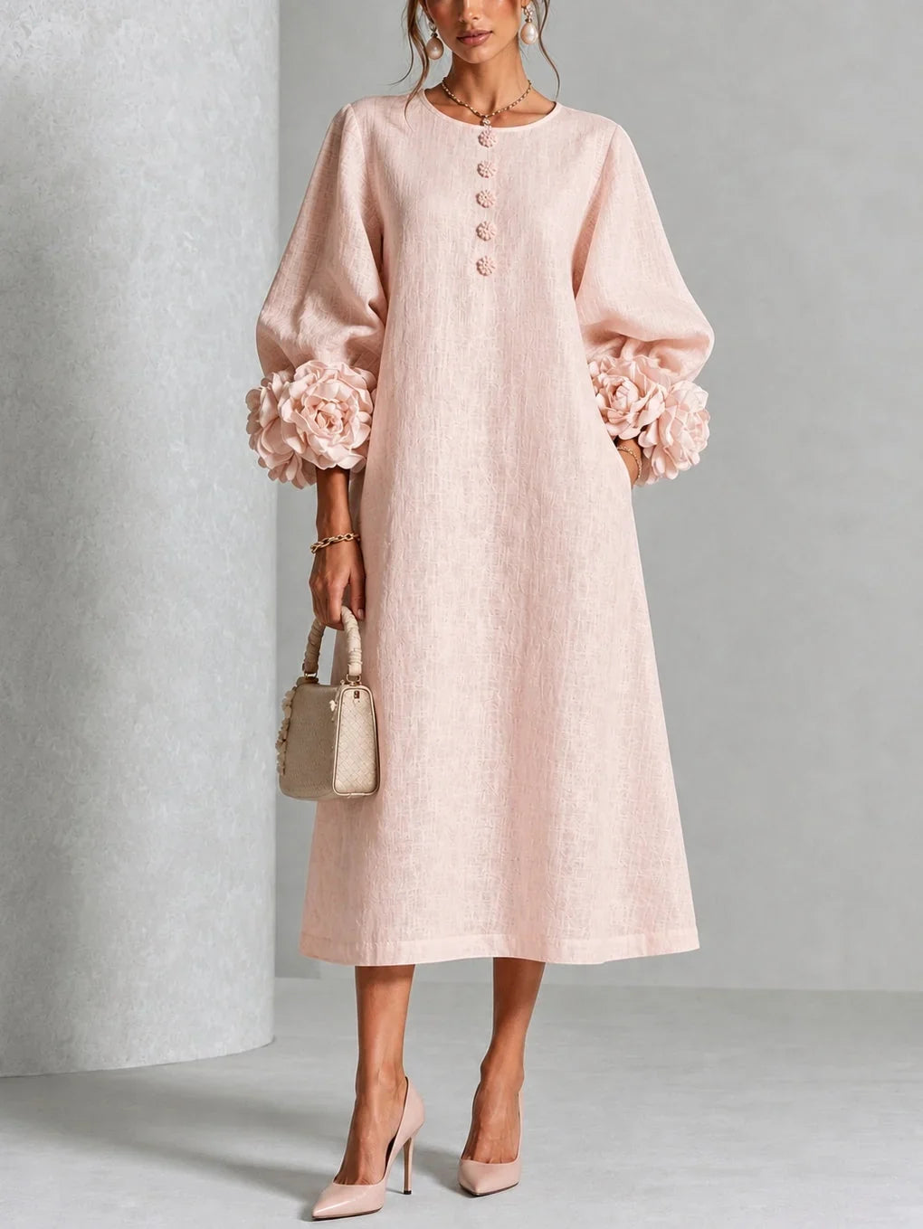 Mary – Midi Dress With Sculptural Floral Cuffs