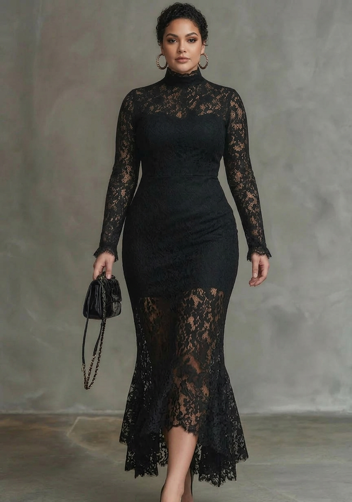 Helena | Black Lace Fishtail Maxi